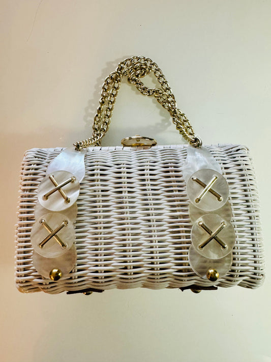 Adorable white wicker with gold tone and mother-of-pearl hardware