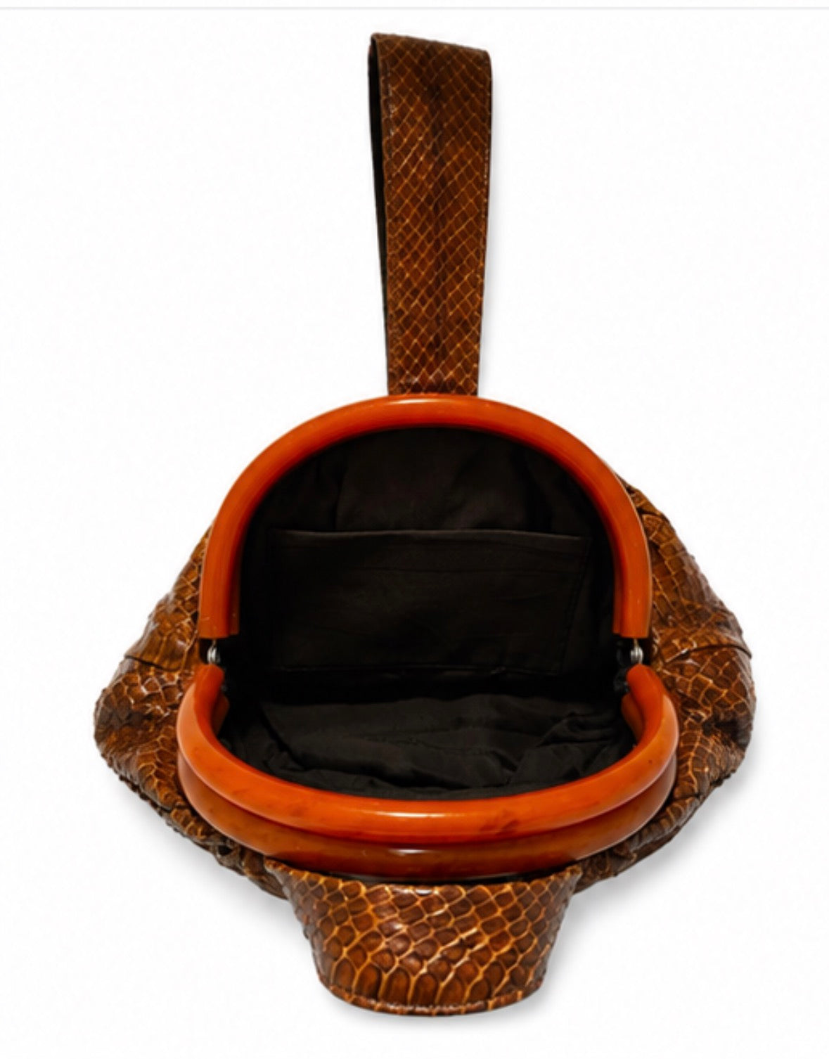 Absolutely gorgeous camel colored exotic 1940s bracelet bag with bakelite hardware