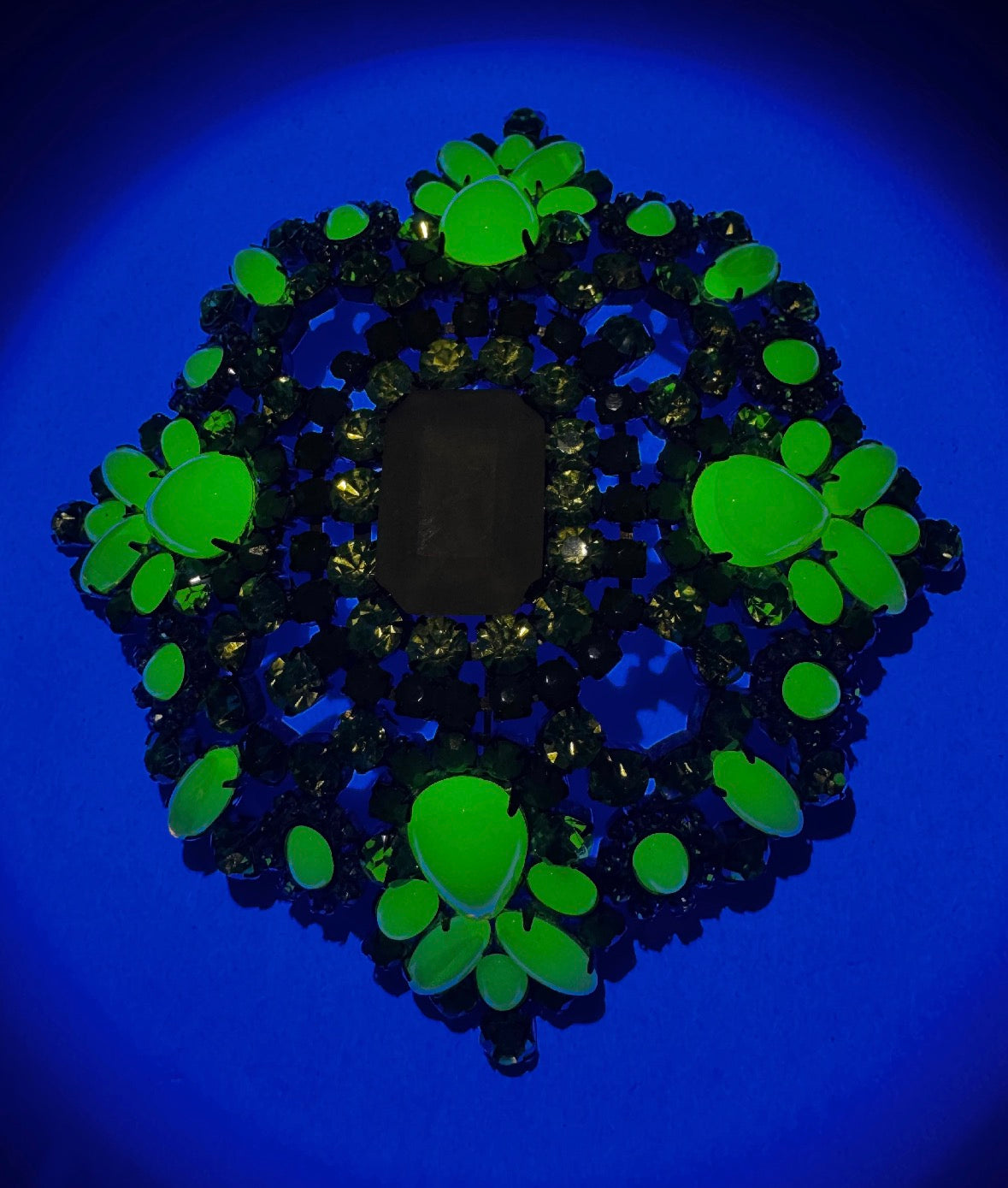 1940s  Monumental Bijoux M.G. Czechoslovakian Opaline & Czech Glass Statement Brooch Look under a black light ~ there's a touch of uranium