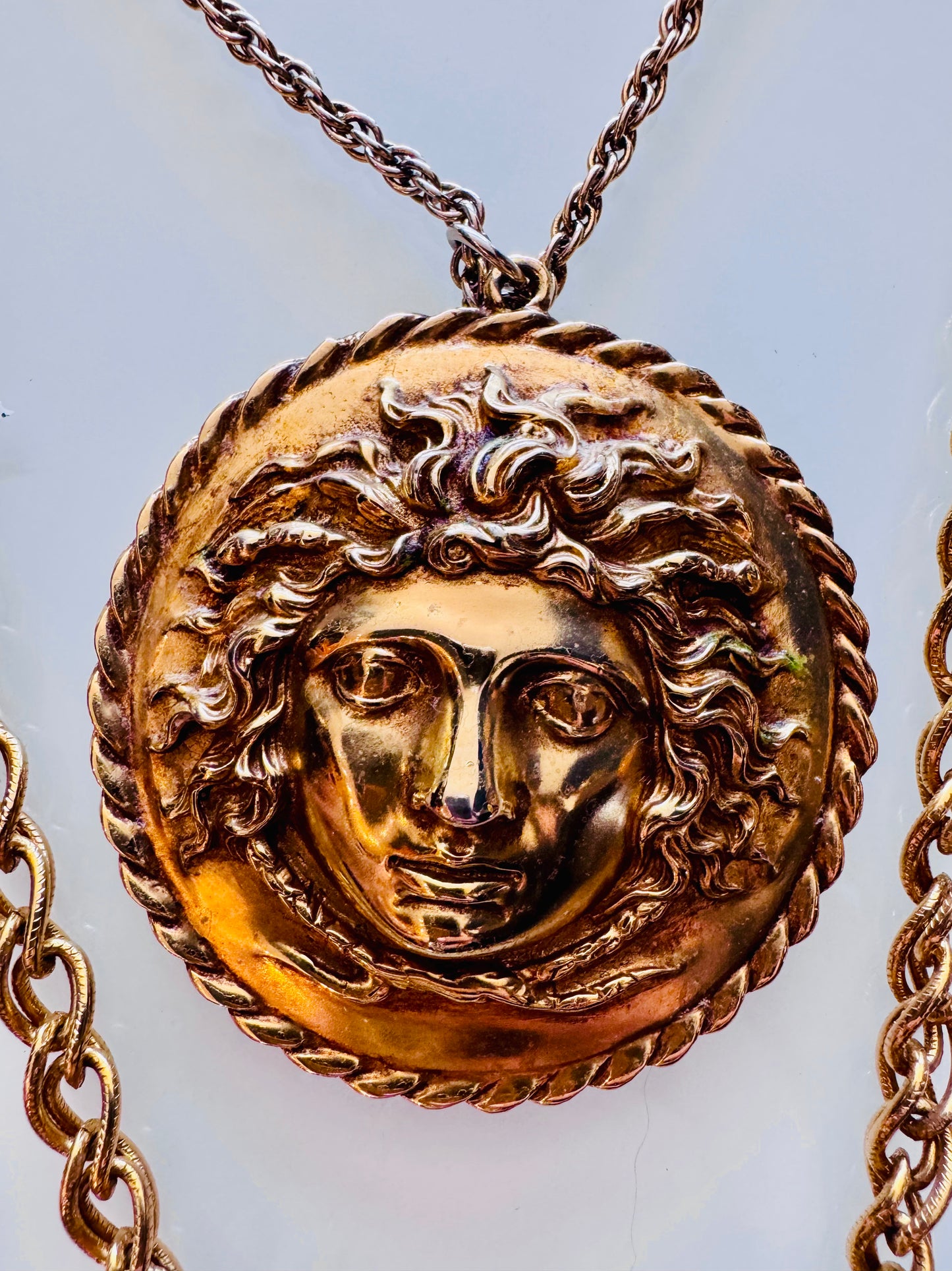 Vintage double layered chain gold tone medallion pendant