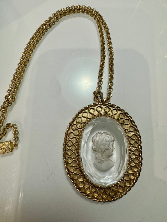 Vintage signed Whiting and Davis 1950s goldtone necklace with clear cameo pendant