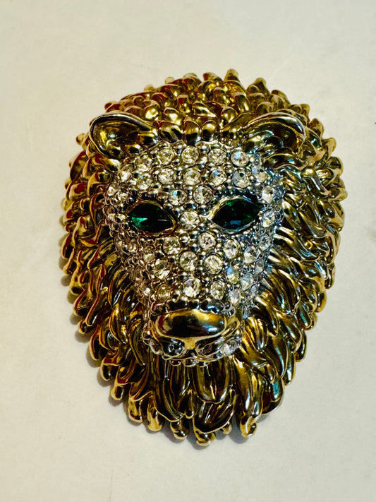 Vintage Lion Brooch with green eyes and rhinestones