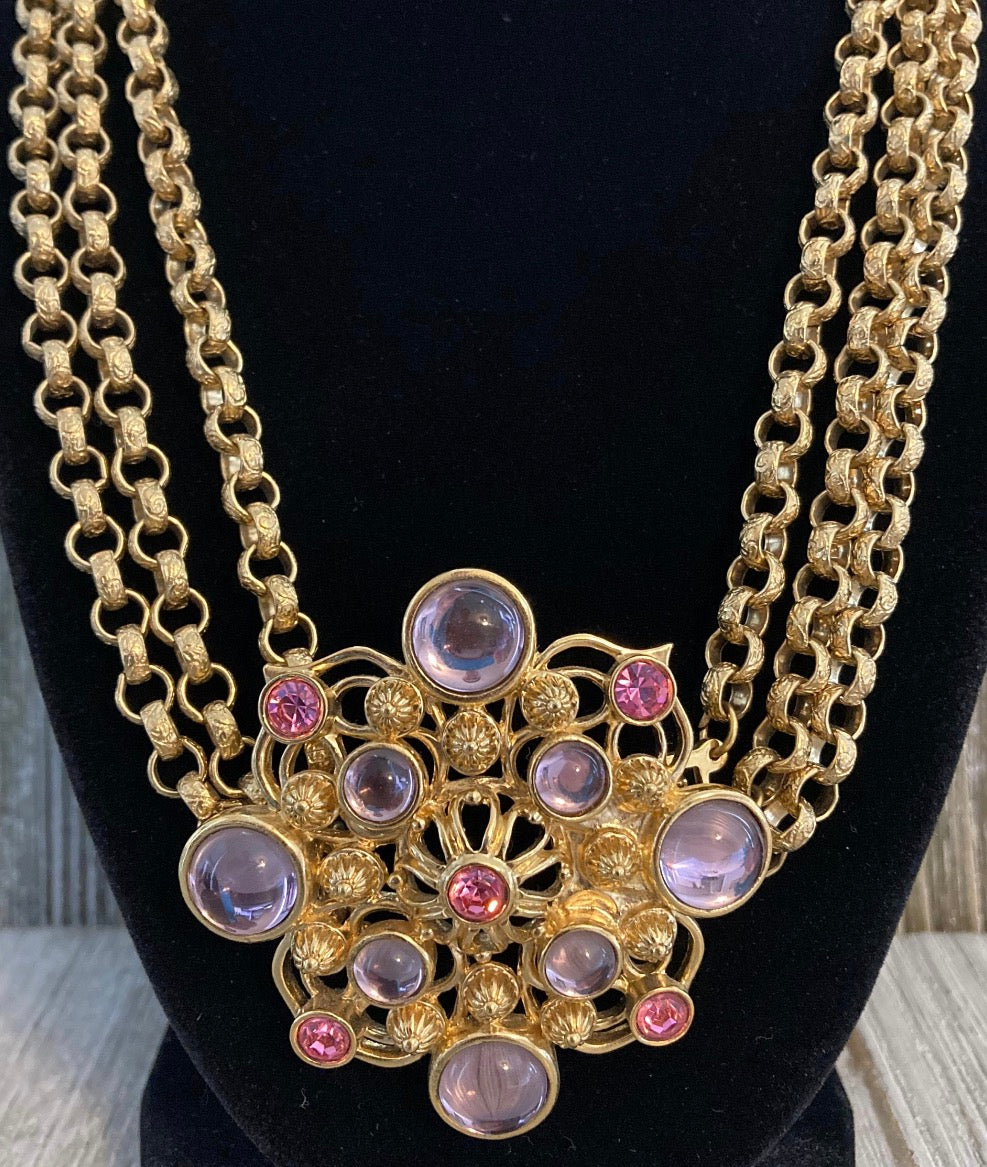 1970/80 Vintage Barrera For Avon Massive Gold With Pink And Purple Cabochons Statement Necklace.