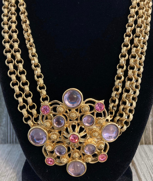1970/80 Vintage Barrera For Avon Massive Gold With Pink And Purple Cabochons Statement Necklace.