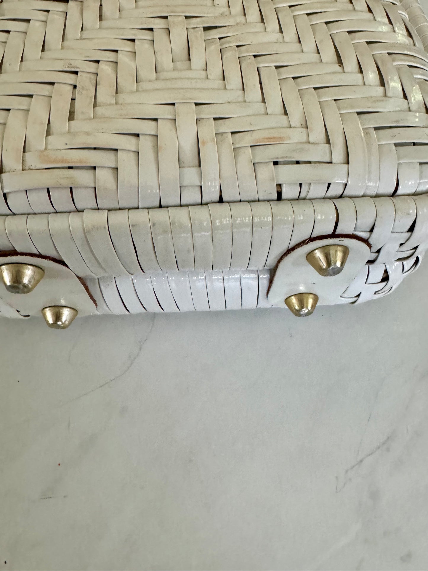Vintage 1950s white wicker box bag with gold hardwear