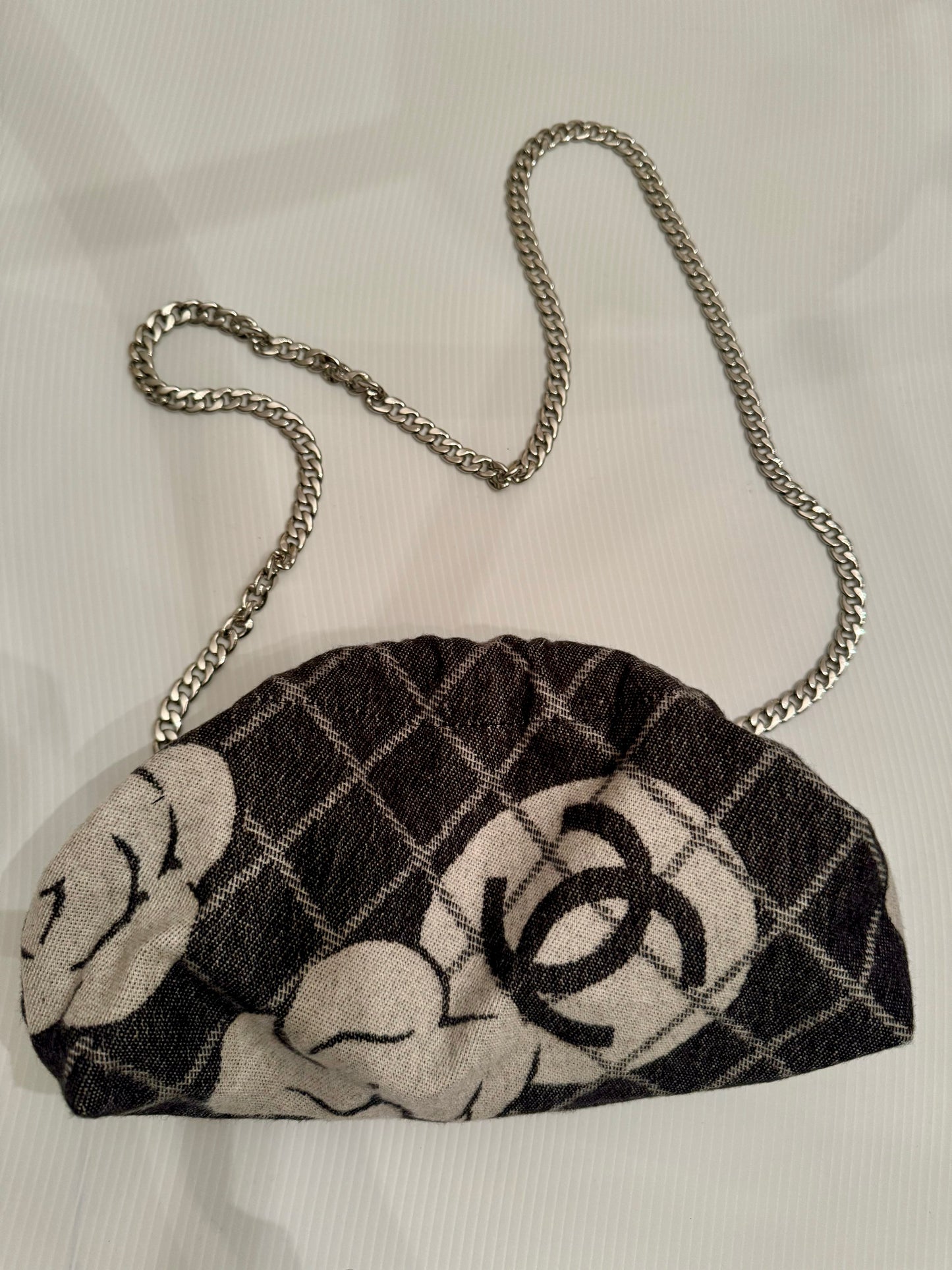 Vintage mini black and grey shawl reimagined as a clutch bag. Comes with crossbody chain shown