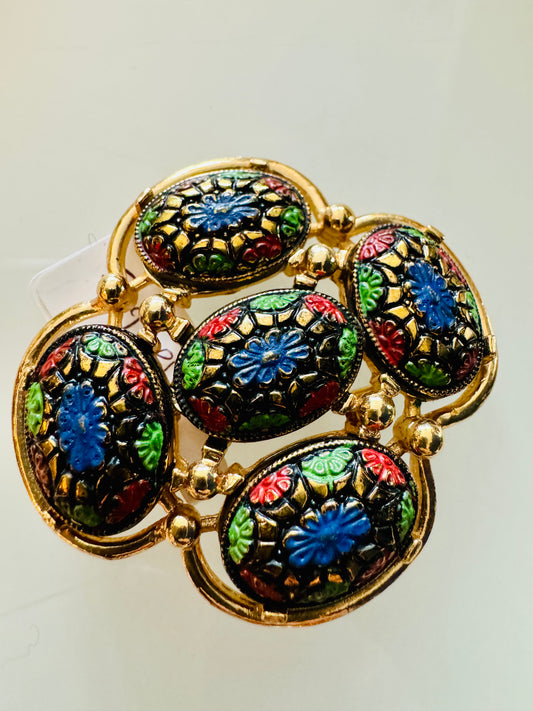 Vintage Sarah Coventry signed brooch with blue, red and green enamel