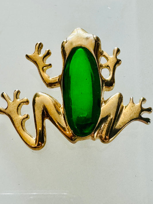 Froggie Brooch gold tone with green stones