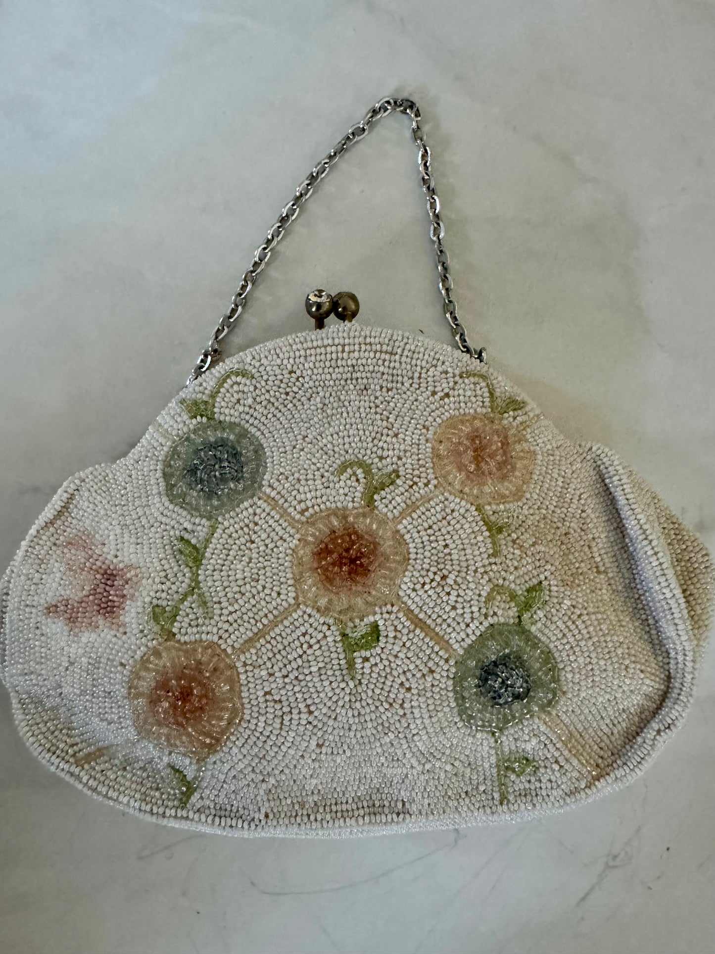 White beaded bag with flowers