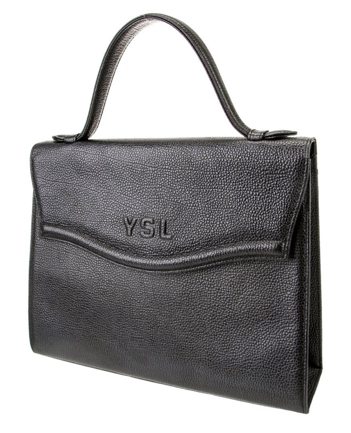 Beautiful vintage black pebble leather YSL top handle bag with exterior pocket