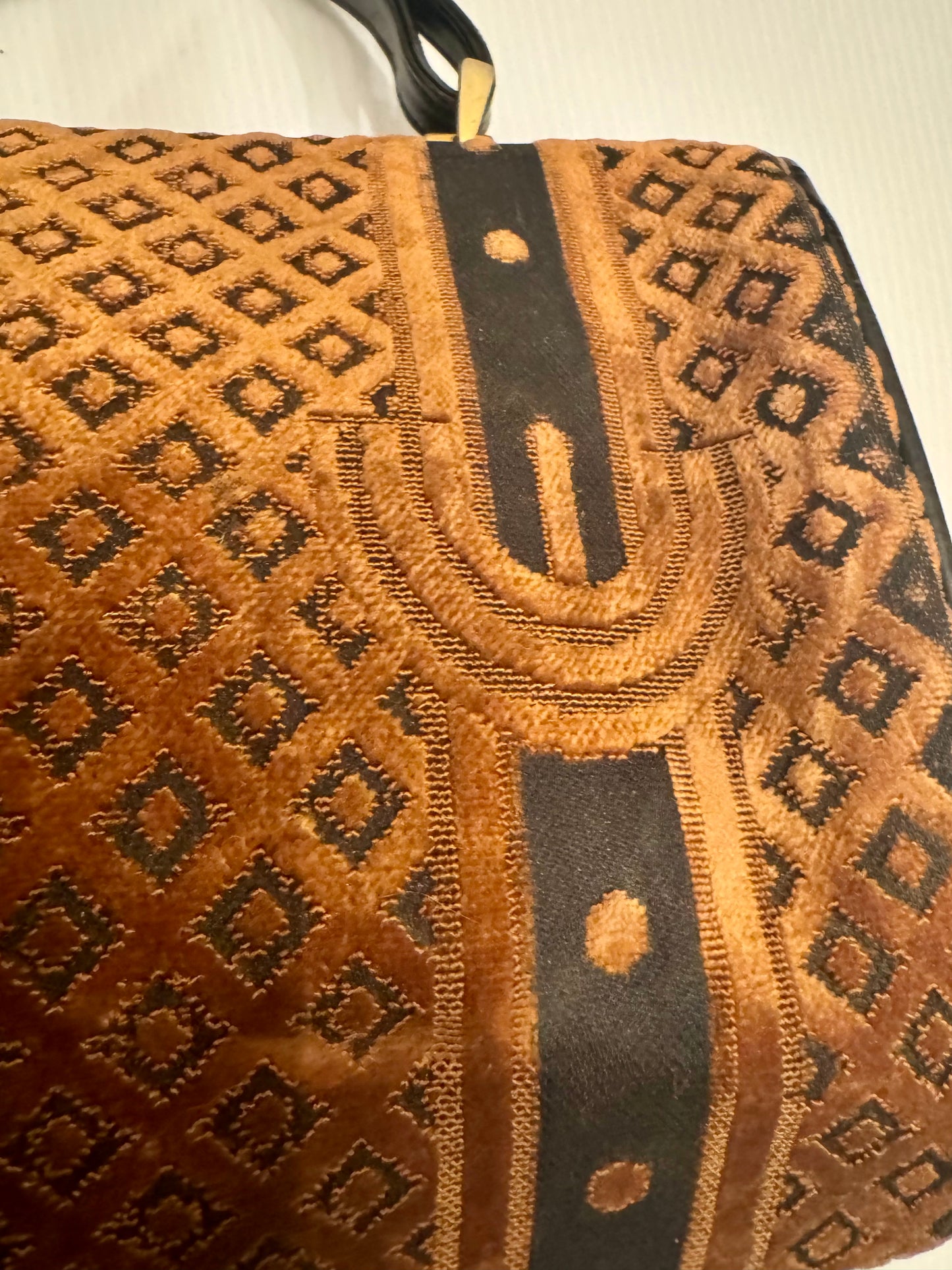 Roberta di Camerino RARE vintage 1950s velvet brown/black buckle print leather top handle bag. Marked Saks/Italy for Roberta Camerino