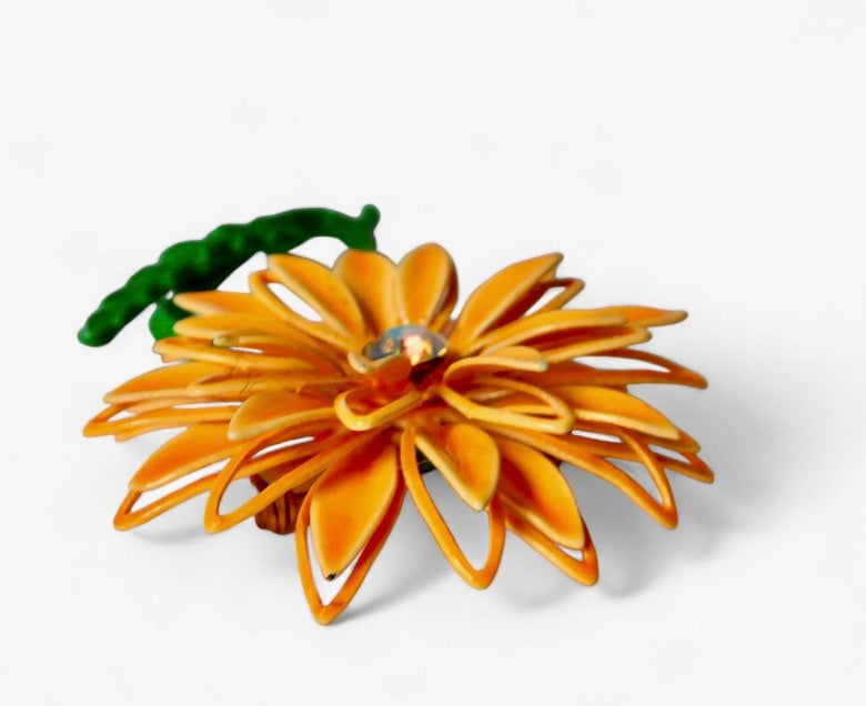 1970s Vintage  Orange  Enameled  Multi Layered Petals with  Clear AB Rhinestone Center and Green Stem and Leaf Flower Brooch.