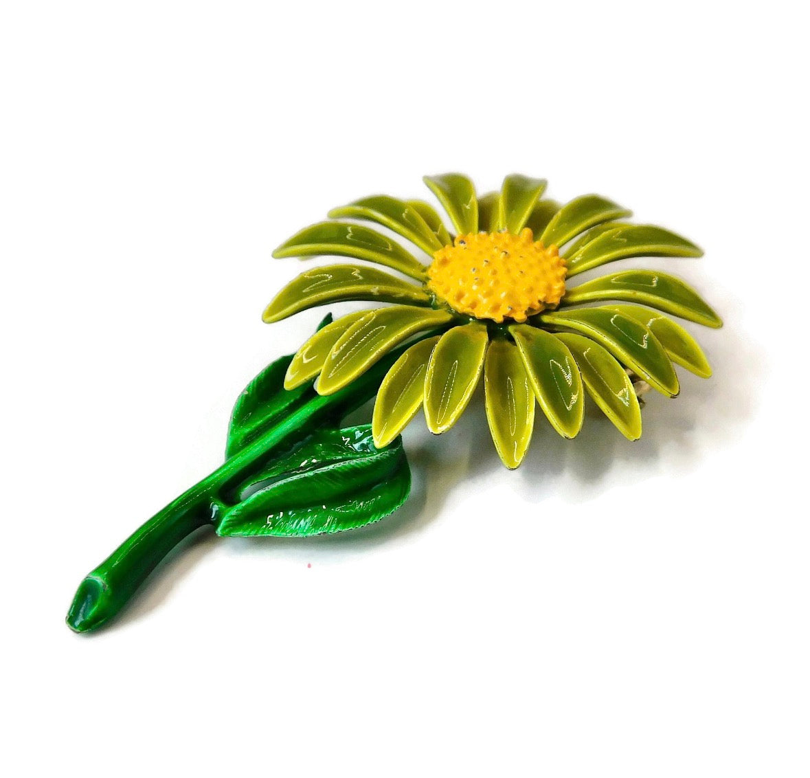 1960s Vintage Double Layered Petals Green and Yellow Daisy  MOD Flower Brooch.
