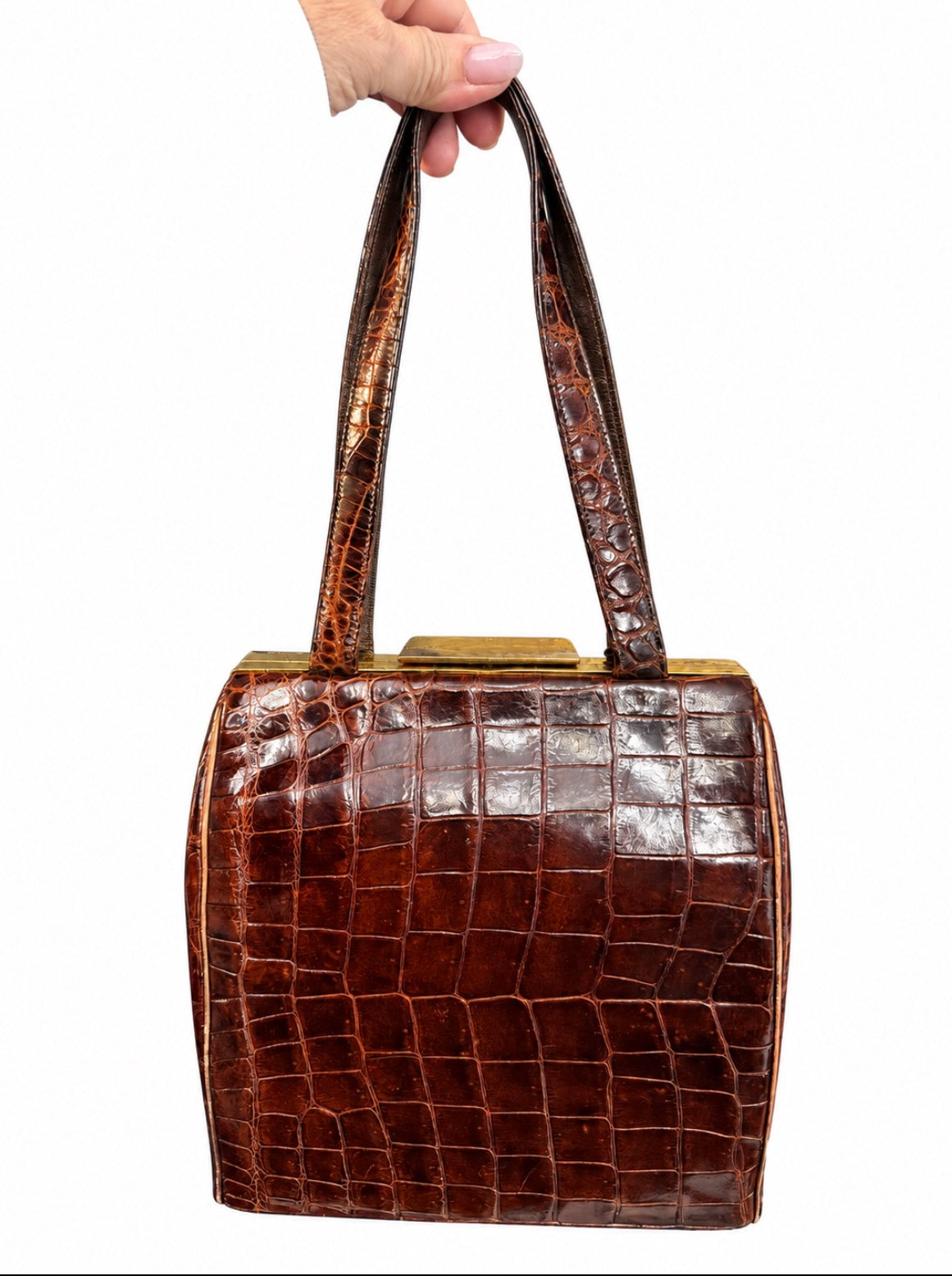 Beautiful chocolate brown exotic shoulder bag with mini leather coin purse and mirror