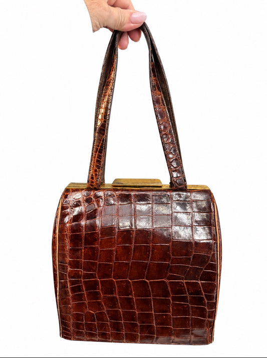 Beautiful chocolate brown exotic shoulder bag with mini leather coin purse and mirror