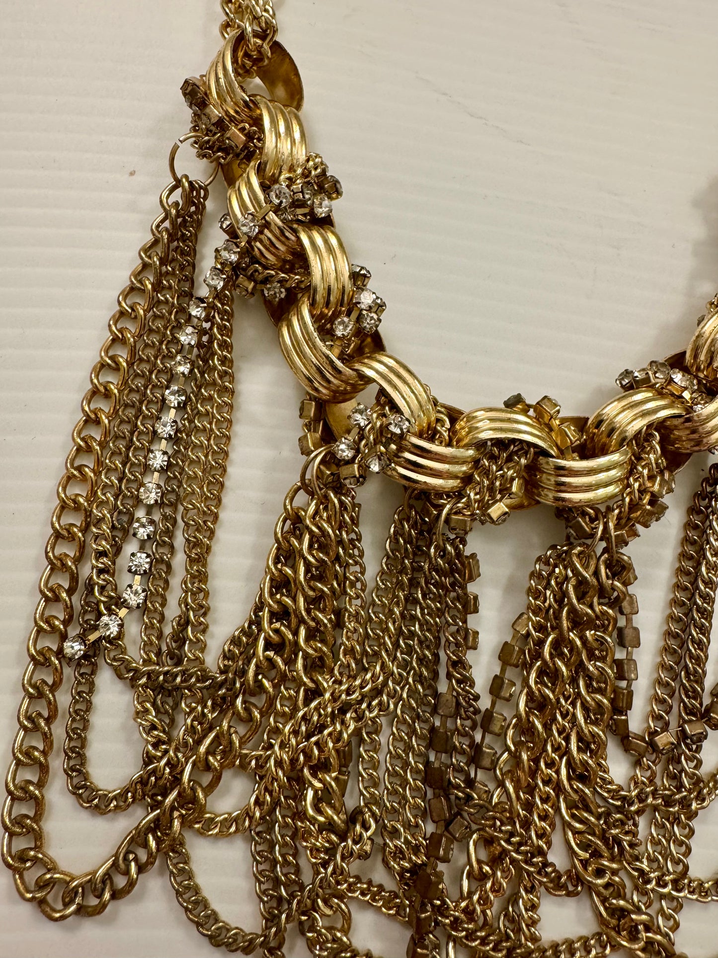 Vintage 1980s gold tone multi chain necklace with rhinestones