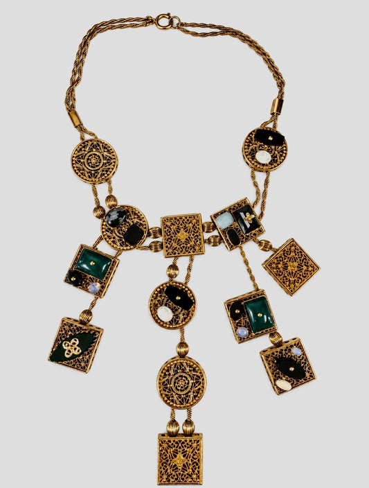1970s statement runway slider charm cabochon necklace. Unsigned Goldette attribution