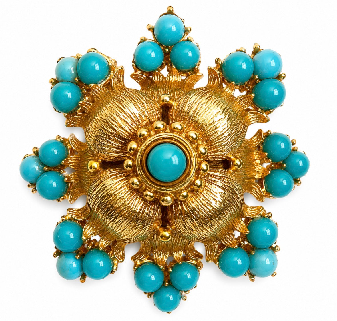 1940s stunning gold tone and turquoise large brooch signed