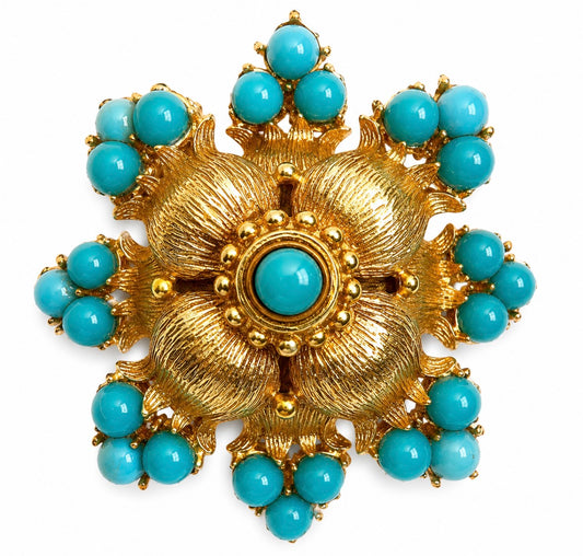 1940s stunning gold tone and turquoise large brooch signed
