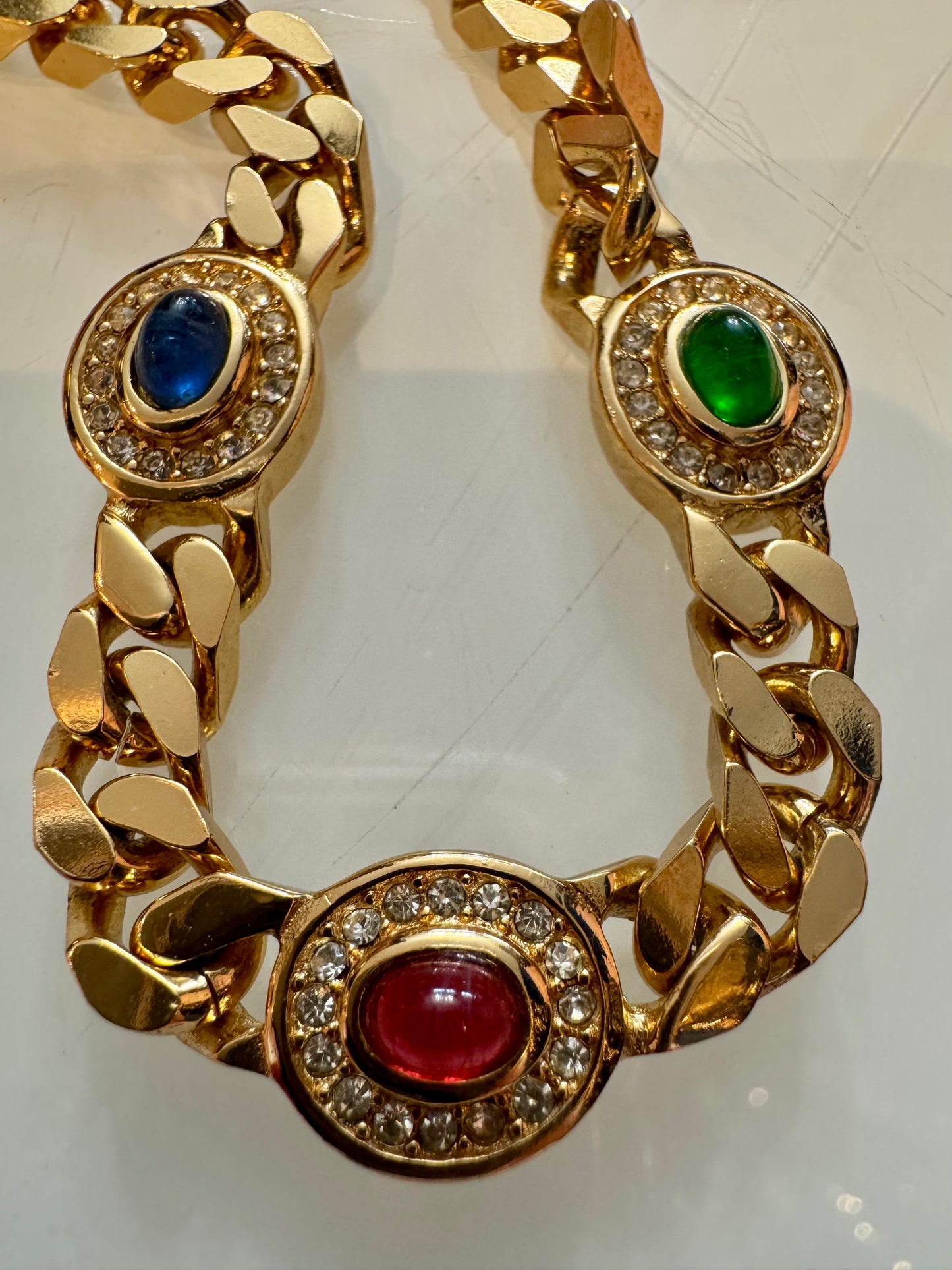 1990s vintage signed Dior gold tone necklace with Red, Blue and Green stones