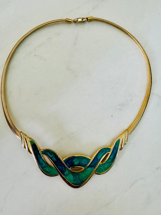 1980's choker necklace with blue/green enamel design