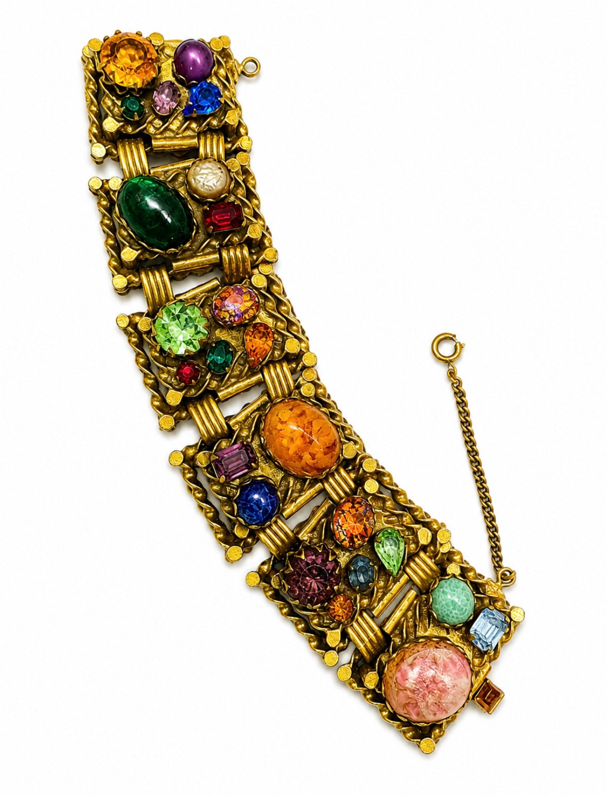 Absolutely stunning 1950s colorful rhinestone and cabochon bracelet with safety launch