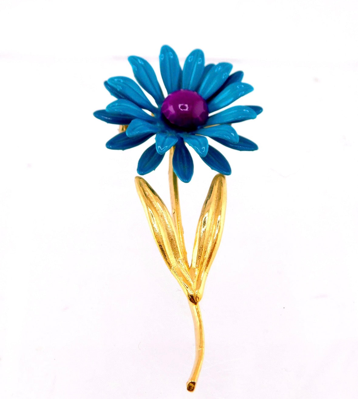 1960s Vintage Shades of Blue Teal and Burgundy Enameled Daisy Flower brooch with Gold Plating stem and leaves.