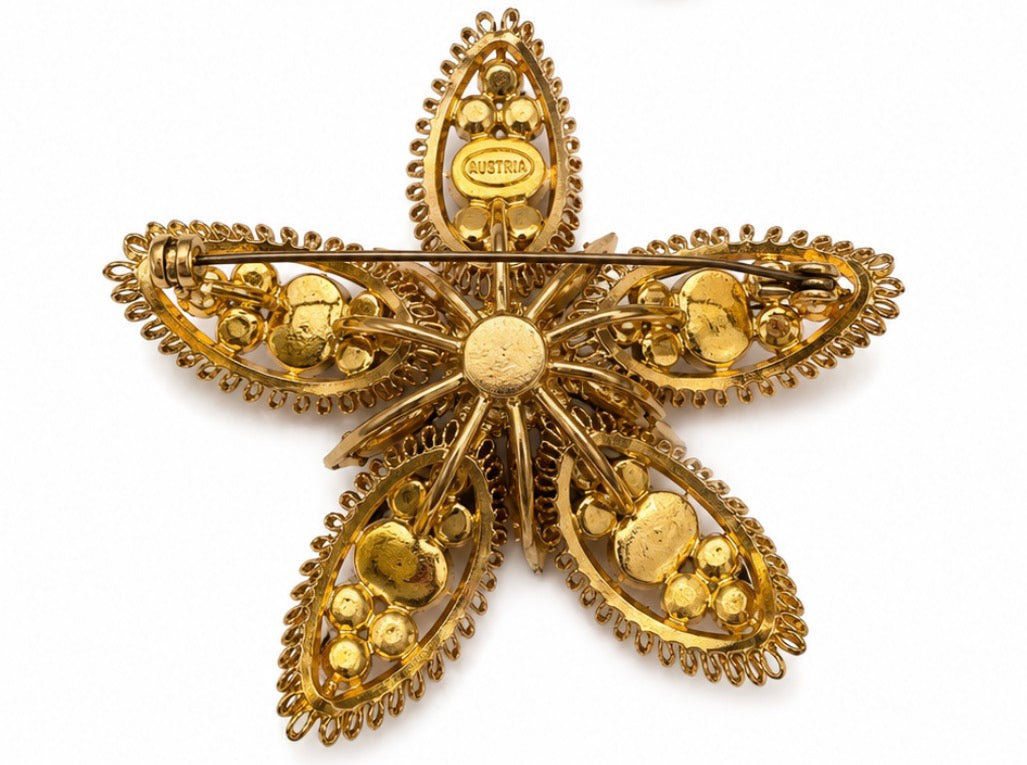 Vintage Jet Rhinestone Floral Brooch, c. 1960 signed Austria