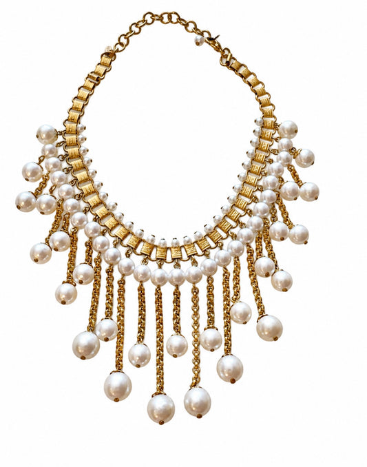 1980s Ann Klein ll book chain bib necklace with faux pearl dangles