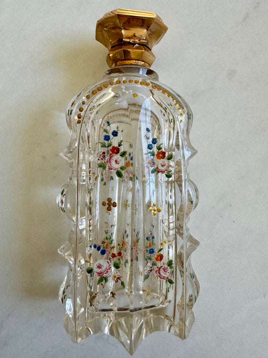 Amazing 1920's etched perfume bottle with 14k gold etched top and hand painted flowers