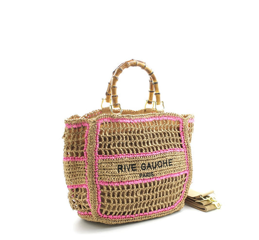 The ultimate summer bag in MEDIUM direct from Paris! RIVE GAUCHE bamboo top handle totes with fabric inside and optional adjustable Crossbody strap. Sourced in Paris.