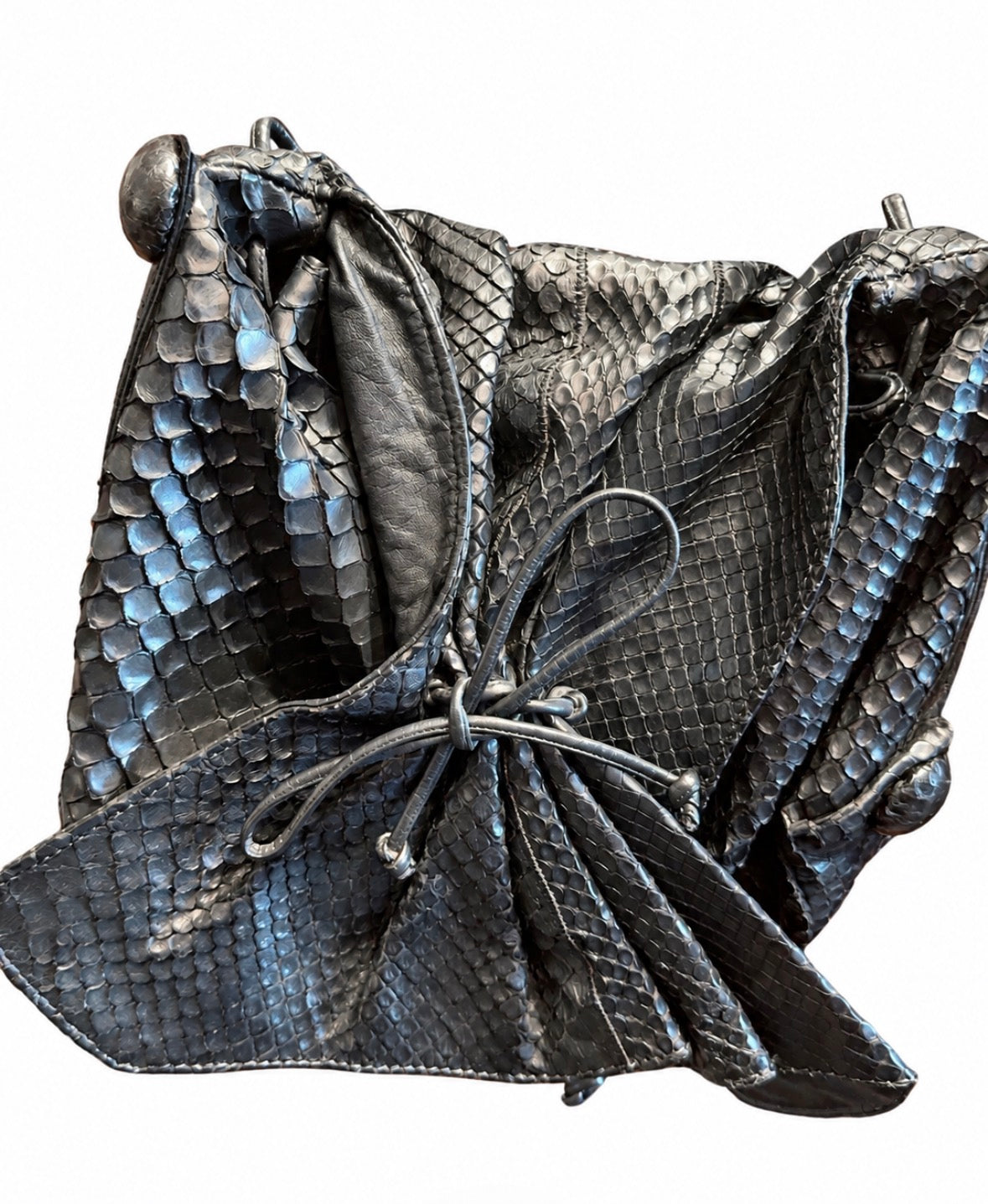 1980s black leather skin Carlos Falchi butterfly bag with extra long strap. The idea is you knot the strap to make it the desired length.
