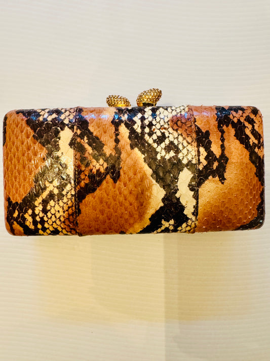 Vintage Kotur brown snakeskin minaudière with crystal embellishment at closure. Faille lining