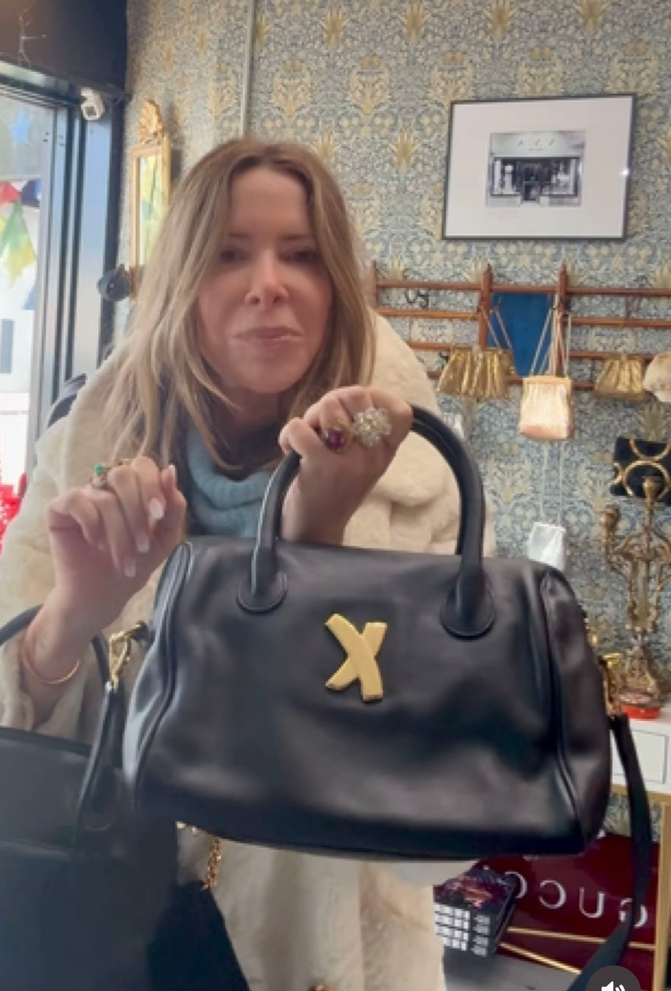 Paloma Picasso 1980s black lambskin boston bag with crossbody strap