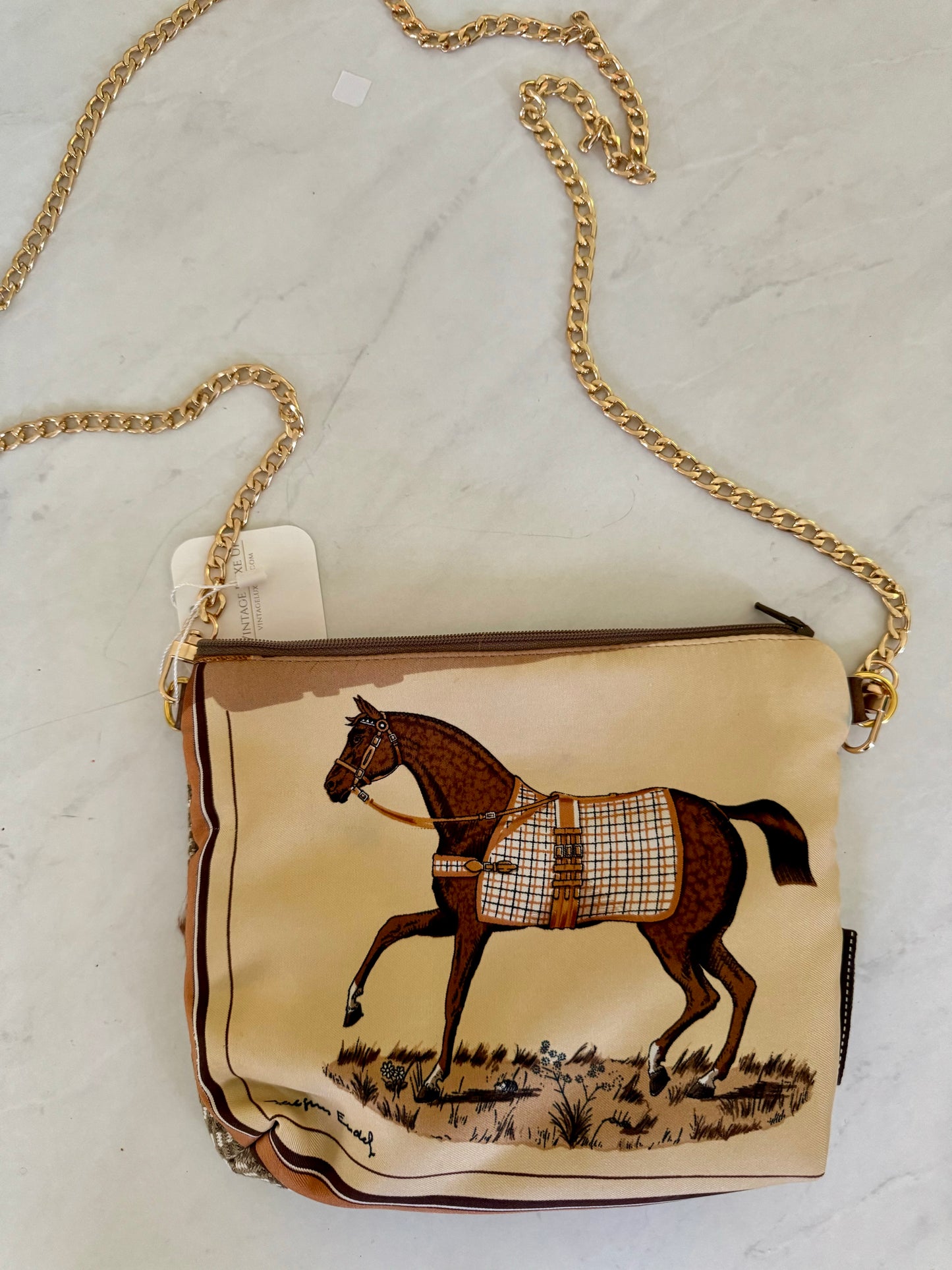 Vintage Hermes equestrian scarf reimagined into a crossbody bag