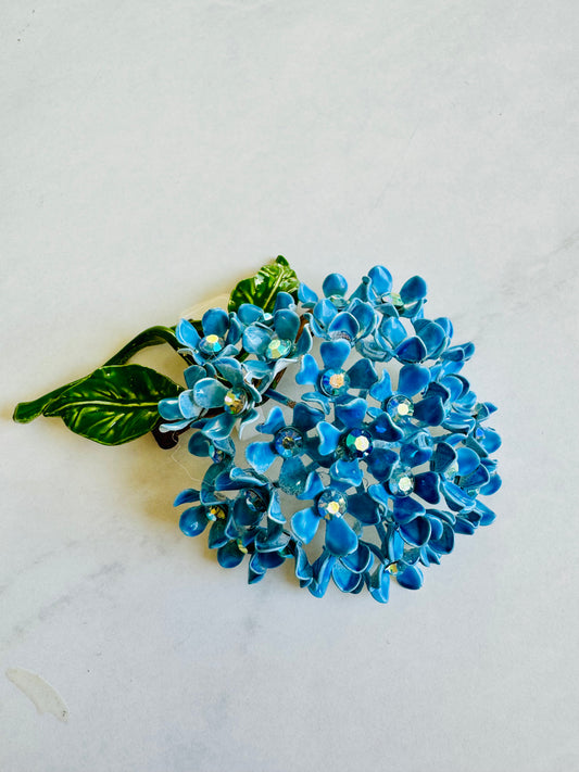 Blue hydrangea brooch with rhinestones
