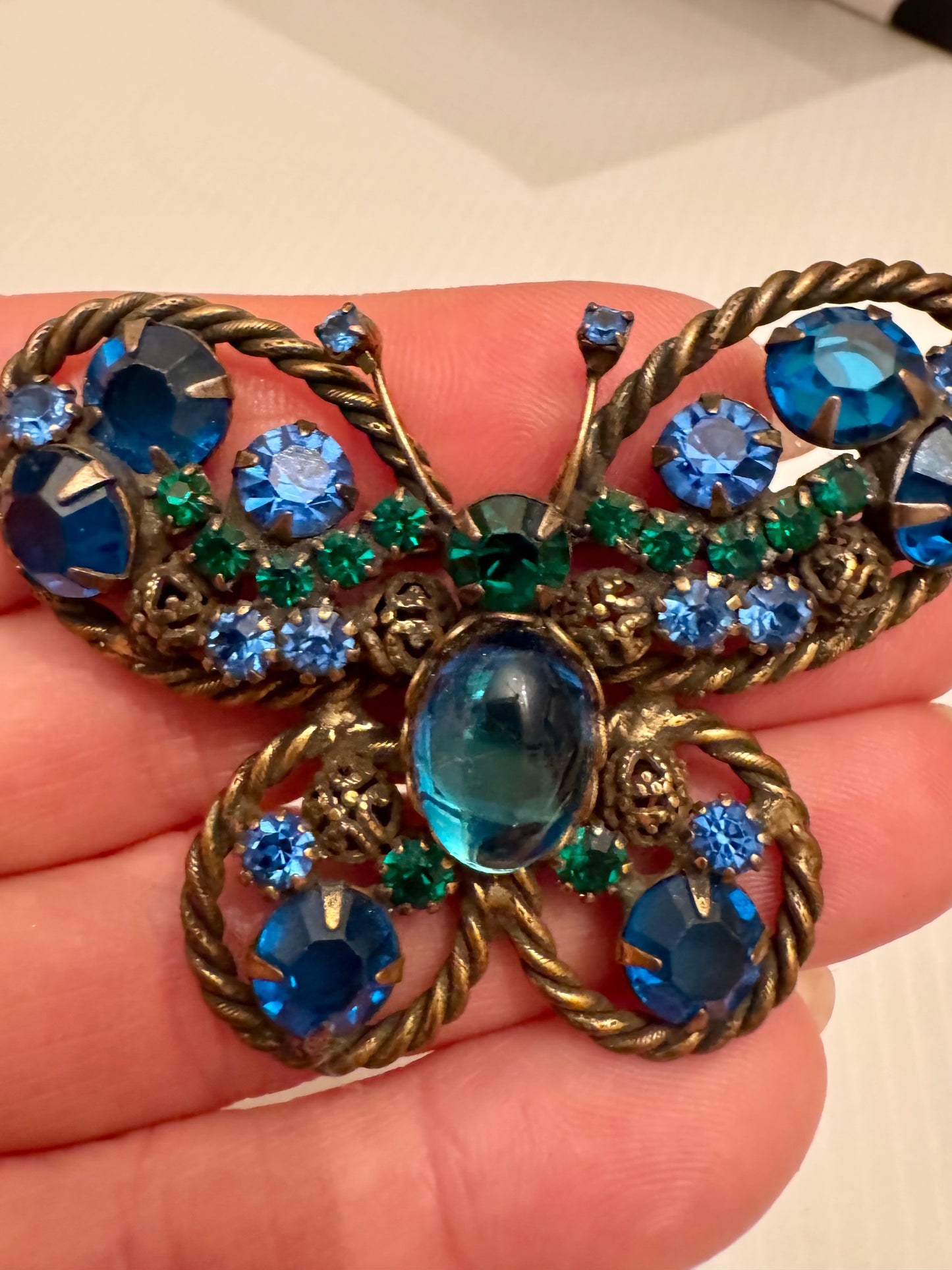 Beautiful 1960s butterfly blue rhinestone brooch