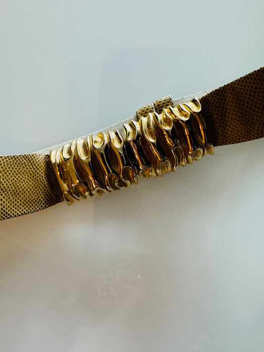 Vintage Judith Leiber leather neutral tone belt with gold decorative buckle