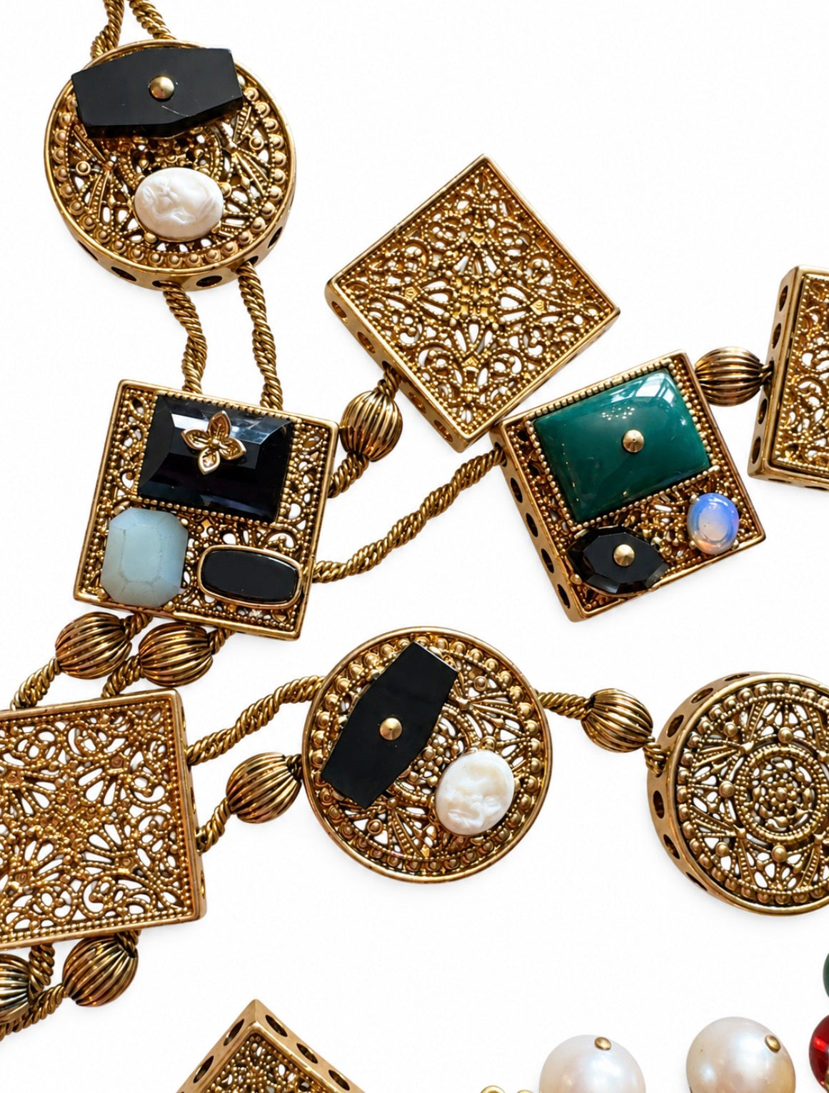 1970s statement runway slider charm cabochon necklace. Unsigned Goldette attribution
