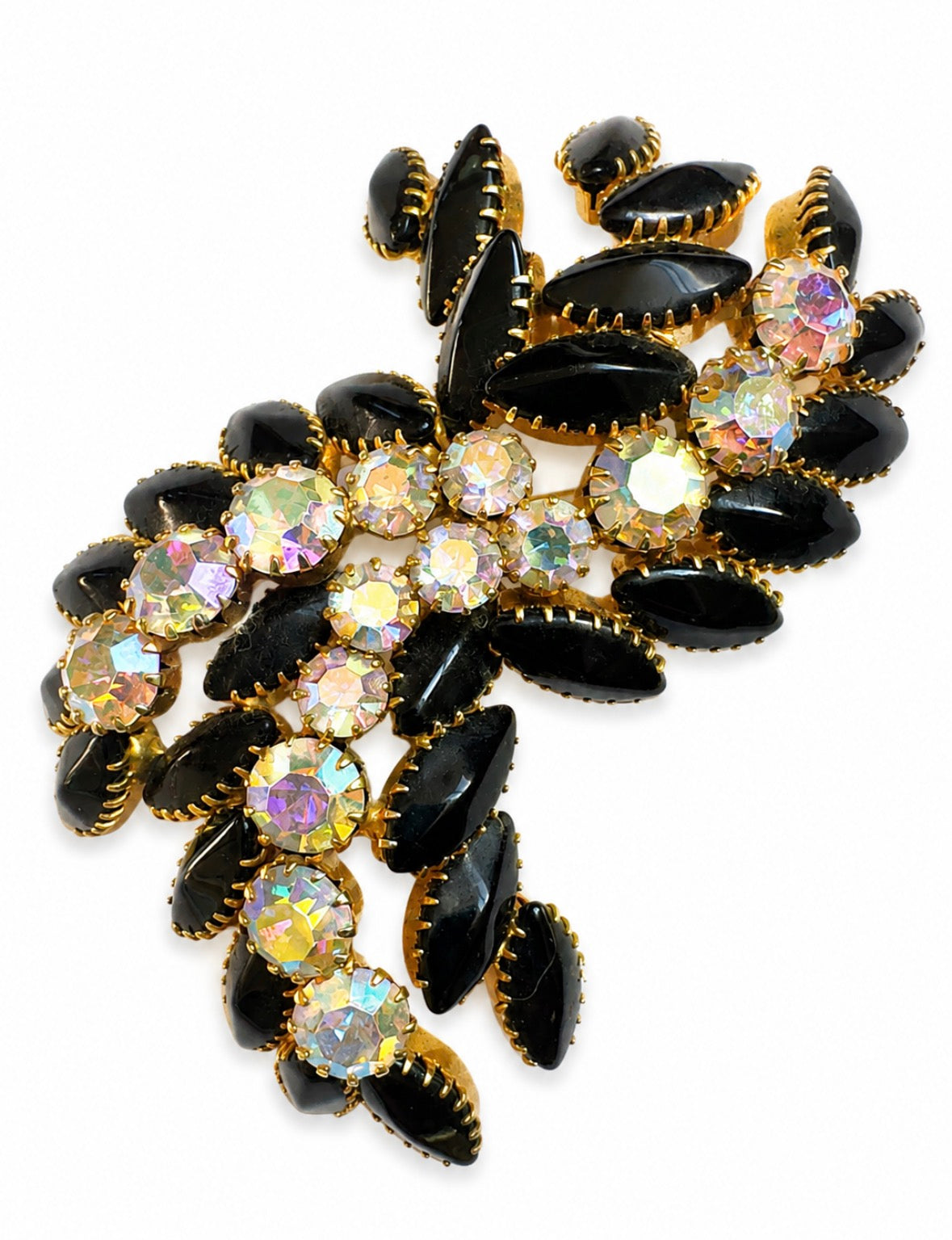 1940s stunning extra large black cabochon and aurora borealis brooch