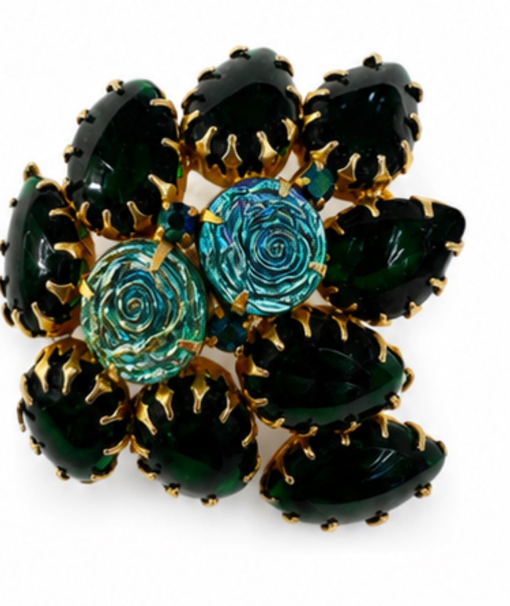 Unsigned beauty brooch attributed to Alice Caviness with carved glass iridescent roses and gorgeous emerald green glass stones