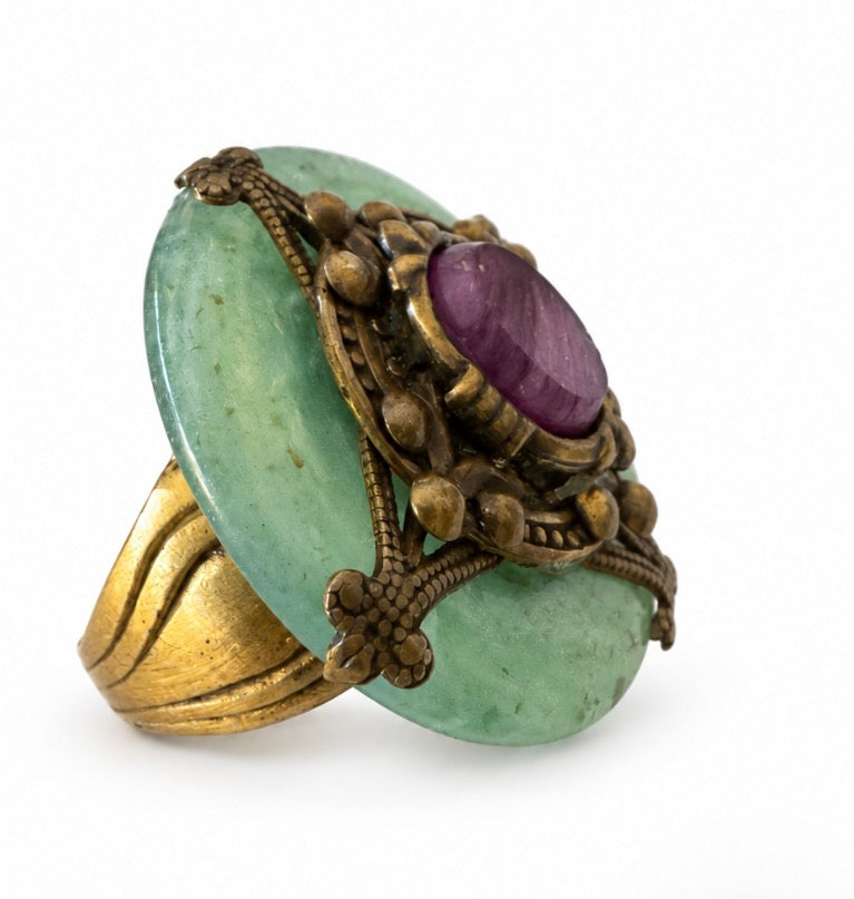 Beautiful vintage signed by PATRICE Bavarian resin and glass with antiqued brass on 24k bronze ring