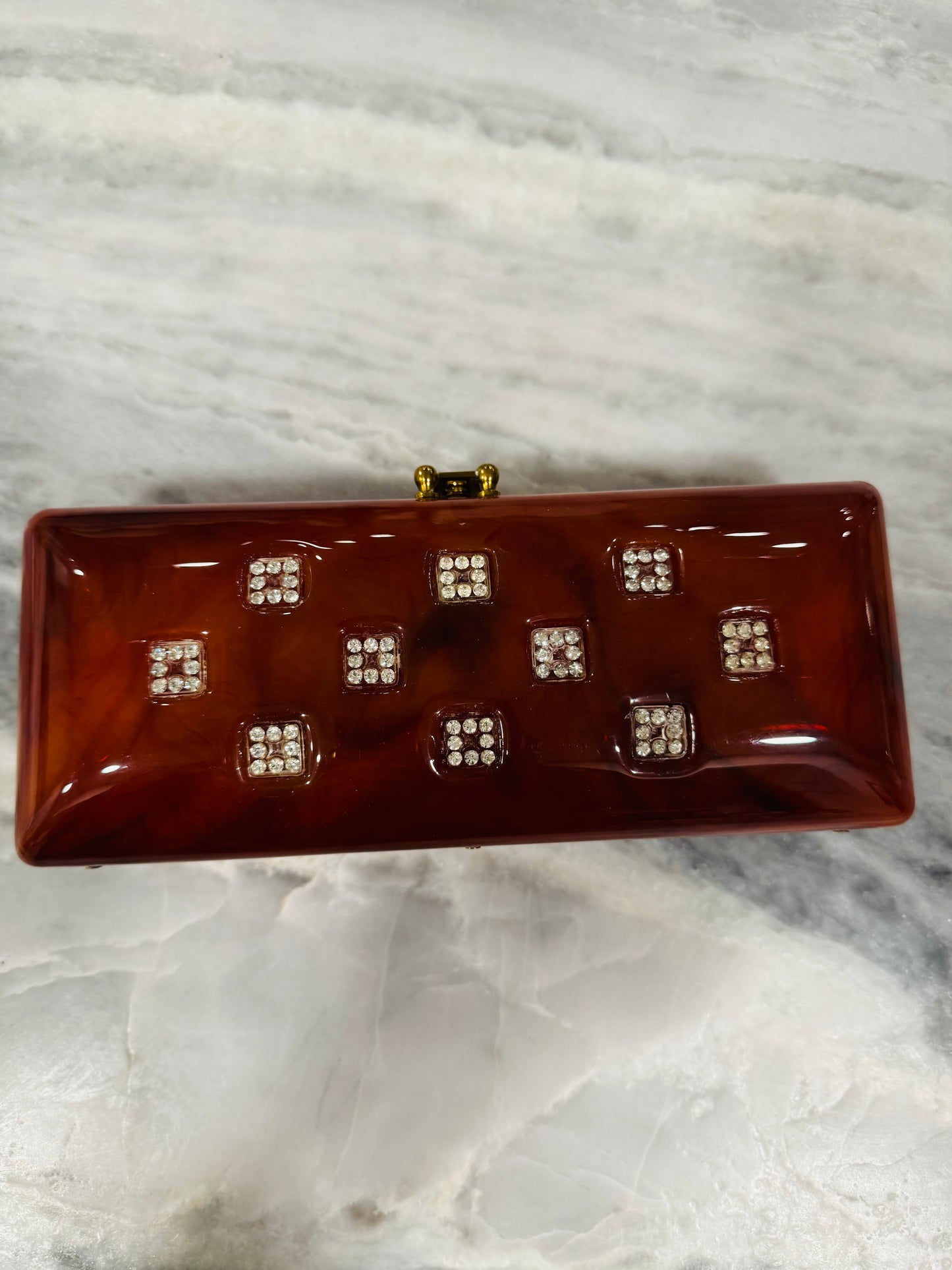 1950s tortoise lucite clutch with rhinestone detail