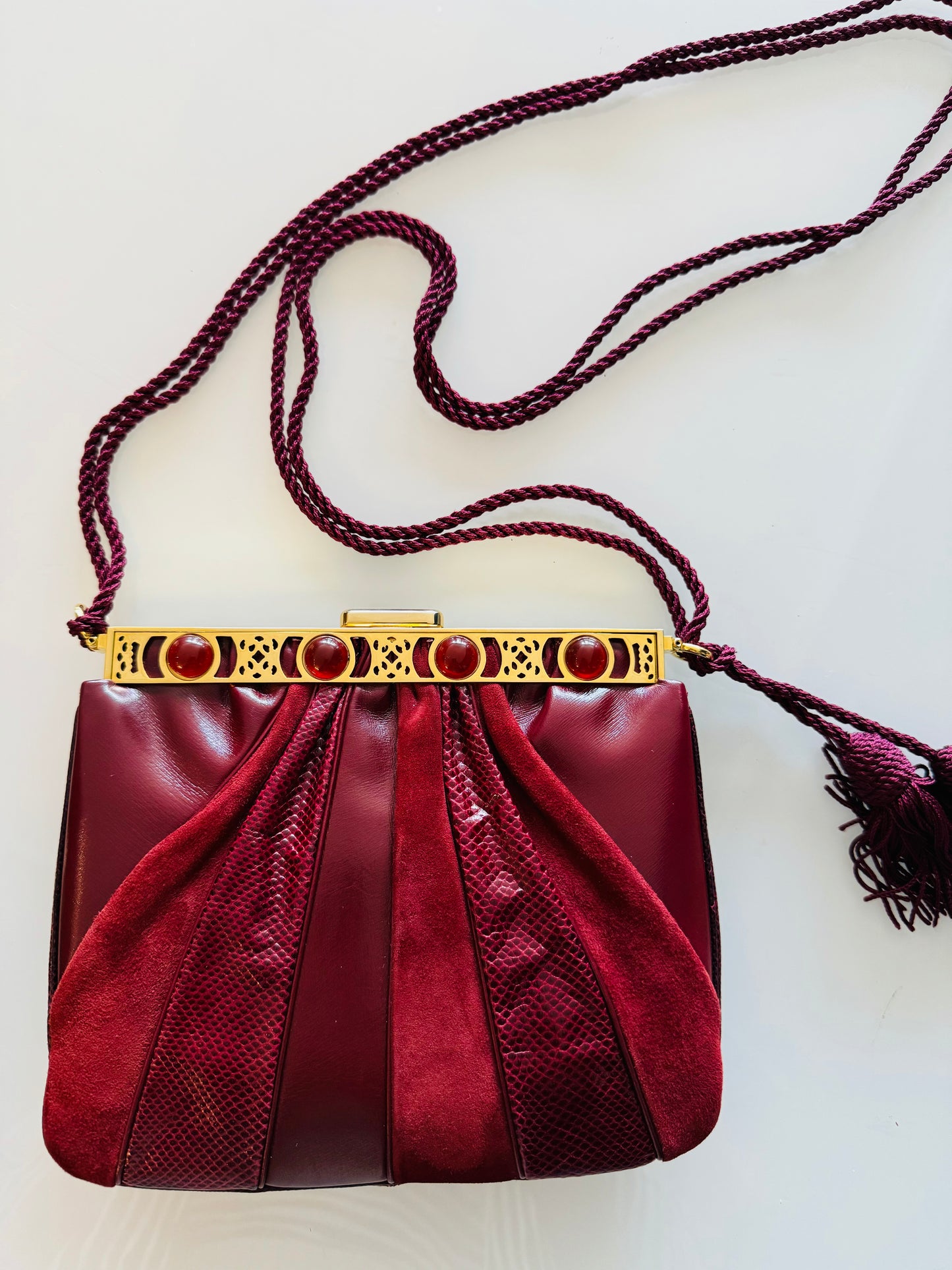 Vintage Judith Leiber burgundy, leather, suede and snake evening crossbody bag with jewel hardware and coin purse