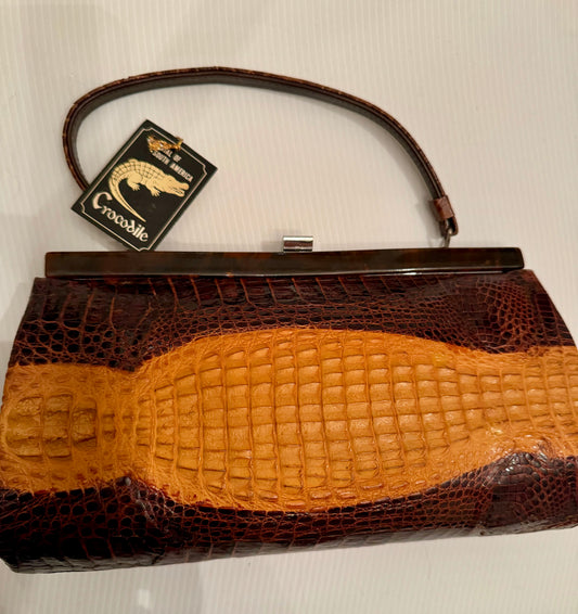 Vintage never worn - late 40s early 50s  Brown tone Alligator Leather & Lucite Vintage purse Handbag. Comes with original tag still affixed to handle