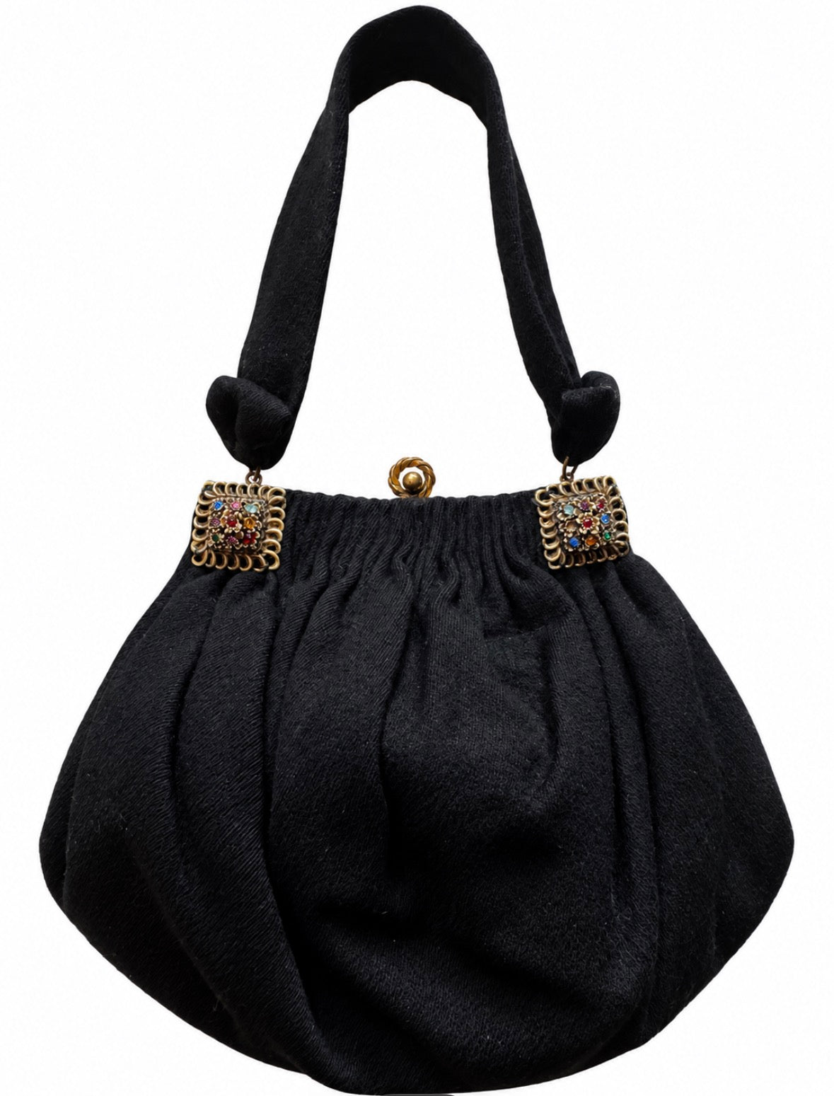 Beautiful 1940s black wool top handle bag with rhinestone detailing in the corners