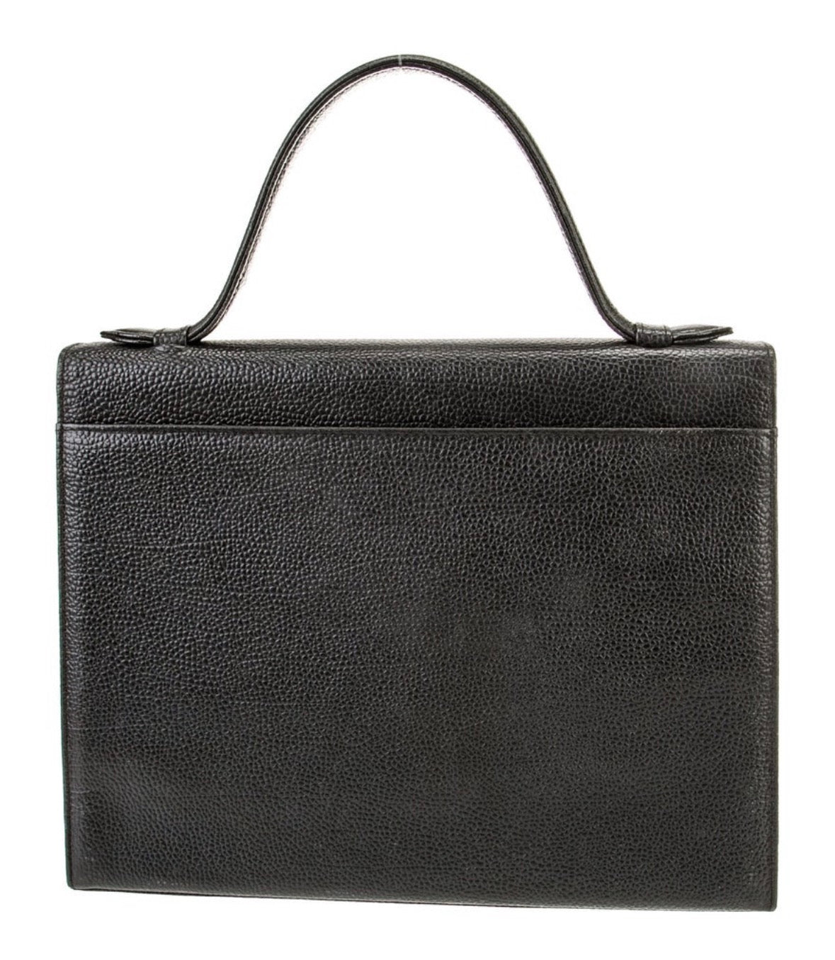 Beautiful vintage black pebble leather YSL top handle bag with exterior pocket