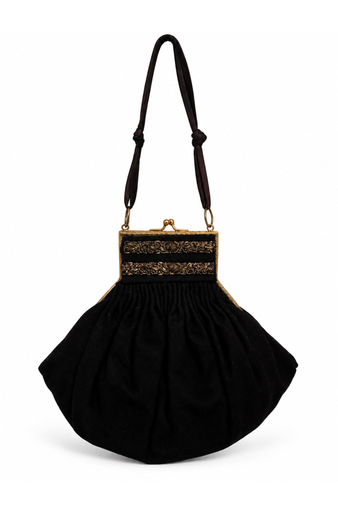 Beautiful 1930s/40s black wool clamshell opera bag with gold tone rosette metal frame