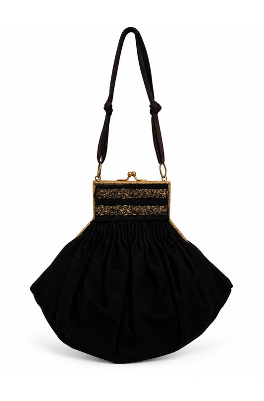 Beautiful 1930s/40s black wool clamshell opera bag with gold tone rosette metal frame