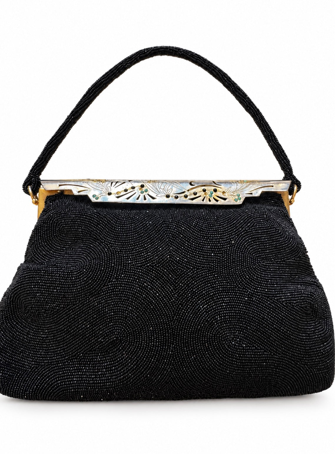 Beautiful made in France 1940s black beaded bag with decorative clasp. As is with lipstick stain from a fabulous previous owner.